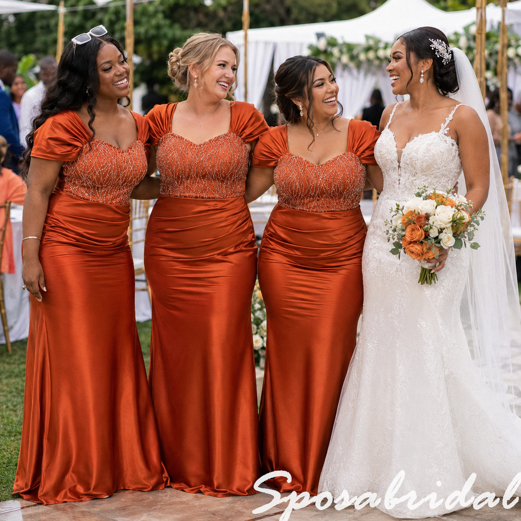 Burnt Orange Satin Beaded Sweetheart Puff Sleeves Mermaid Formal Gown, BD3476