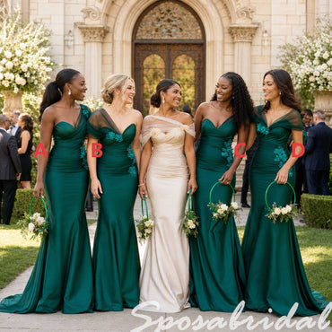 Mismatched Luxe Emerald Green Satin Sheer Tulle Neckline Mermaid Bridesmaid Dresses, BD3479