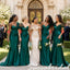 Mismatched Luxe Emerald Green Satin Sheer Tulle Neckline Mermaid Bridesmaid Dresses, BD3479
