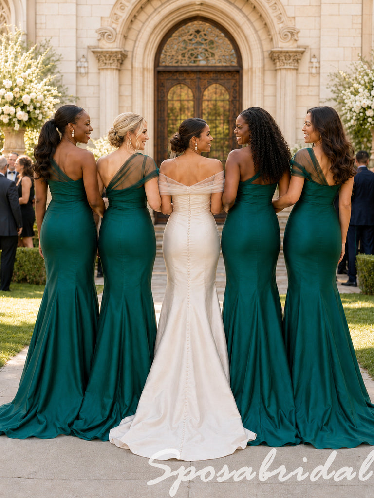 Mismatched Luxe Emerald Green Satin Sheer Tulle Neckline Mermaid Bridesmaid Dresses, BD3479