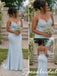 Dusty Blue Soft Satin Mismatched Mermaid Bridesmaid Dresses with Lace Appliques, BD3480