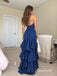 Navy Blue Strapless Ruched Back Asymmetrical Ruffle High Slit Mermaid Floor Length Evening Dress,PD4341