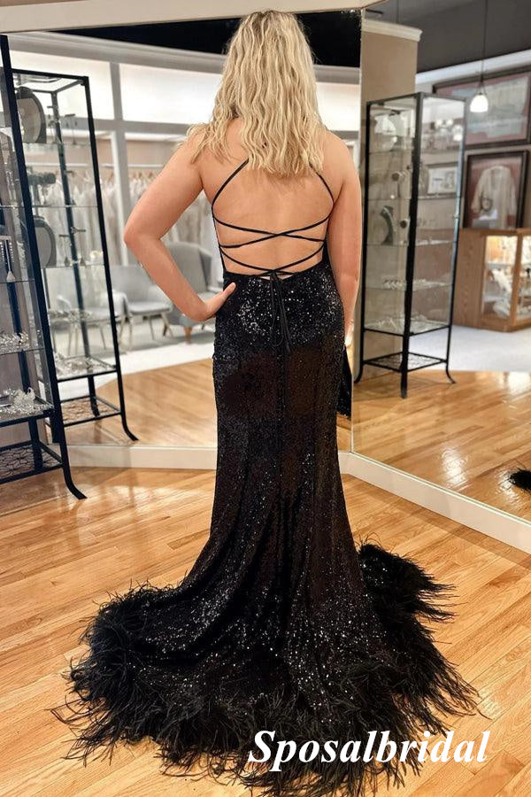 Sexy Black Sequin Spaghetti Straps Sleeveless Lace Up Back Side Slit Mermaid Long Prom Dresses, PD3732