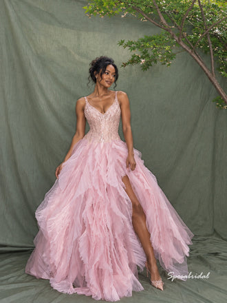 V-Neck Spaghetti Strap Beaded Evening Dress, Ruffled Tulle Skirt Pink Formal Gown, PD4379