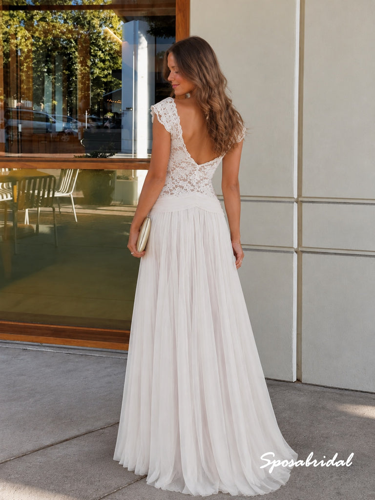 Lace Top Pleated Skirt Wedding Dress, Cap Sleeve Open Back Bridal Gown, WD3158