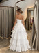 White Ruched Strapless Pleated Tiered Ruffle A-line Floor Length Evening Dress, PD4339