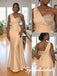 Elegant Champagne Satin One Shoulder Beaded Appliqué Mermaid Bridesmaid Gown With Draped Side Train, PD4305