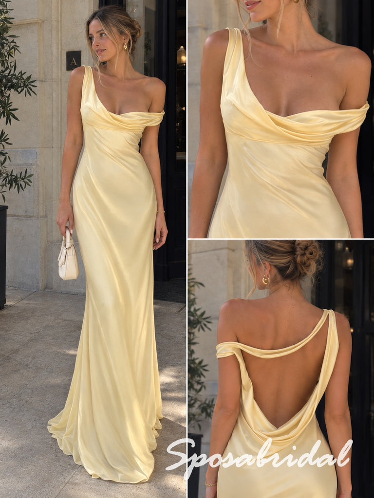 Glam Asymmetric Draped Cowl Back Butter Yellow Satin Formal Bridesmaid Dress,PD4306