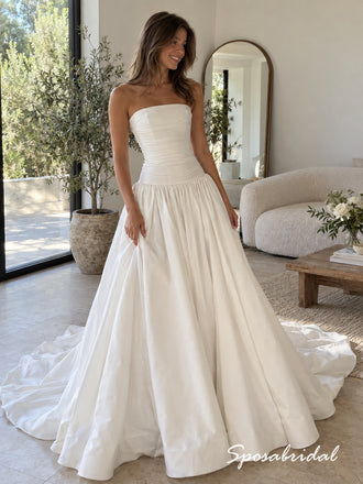 Strapless Ruched Satin A-Line Wedding Dress With Train,WD3133