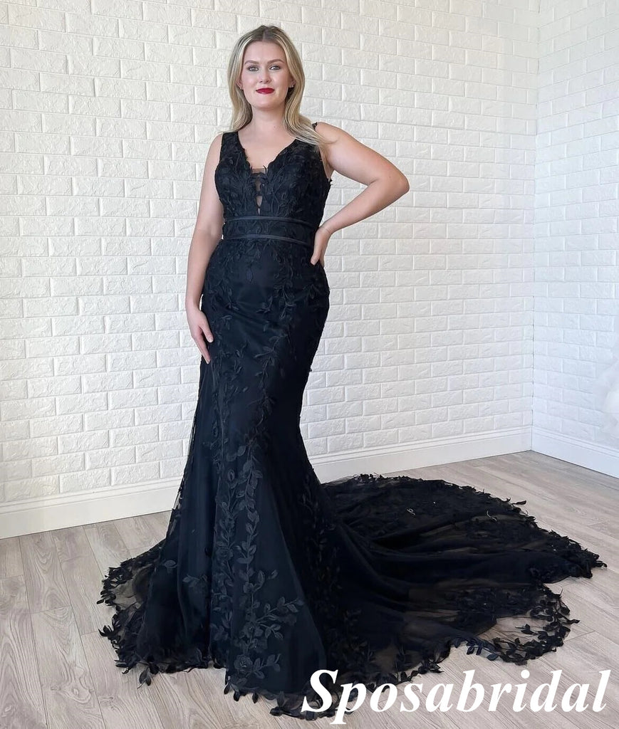 Sexy Black Tulle And Lace Spaghetti Straps V-Neck Mermaid Long Prom Dresses, PD3760