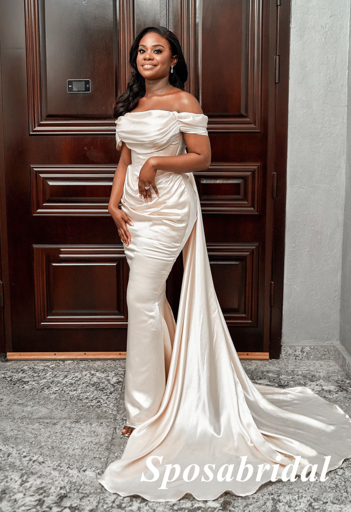 Elegant Satin Off Shoulder Sleeveless Mermaid Long Prom Dresses With Train, PD3751