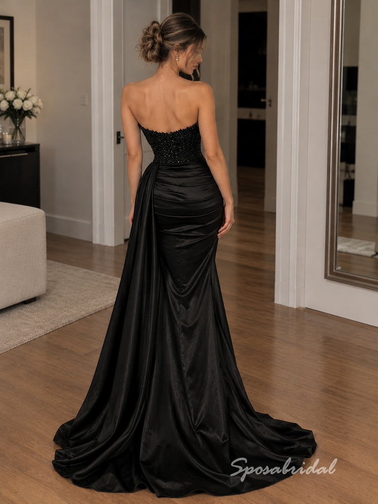 Black Sequin Beaded & Satin Strapless Sweetheart Corset Mermaid Floor Length Evening Dress,PD4325