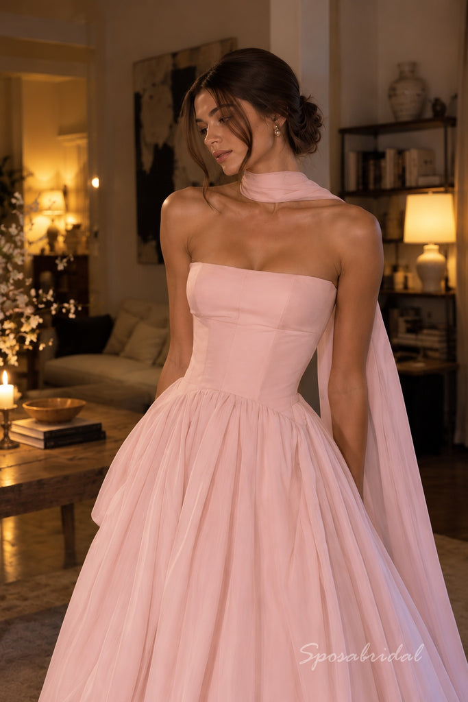 Blush Pink Satin Chiffon Strapless Straight Neck Corset Bodice Ball Gown Floor Length Evening Dress,PD4318