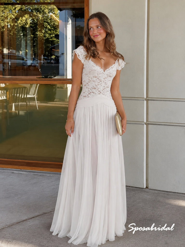 Lace Top Pleated Skirt Wedding Dress, Cap Sleeve Open Back Bridal Gown, WD3158