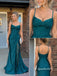 Teal Spaghetti Strap Mermaid Gown, Beaded Sheer Side Slit Formal Prom Evening Dress, PD4367