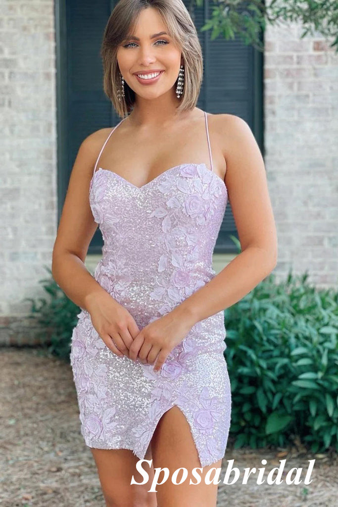 Sexy Lilac Sequin Spaghetti Straps V-Neck Side Slit Sheath Mini Dresses/ Homecoming Dresses With Applique, PD3560