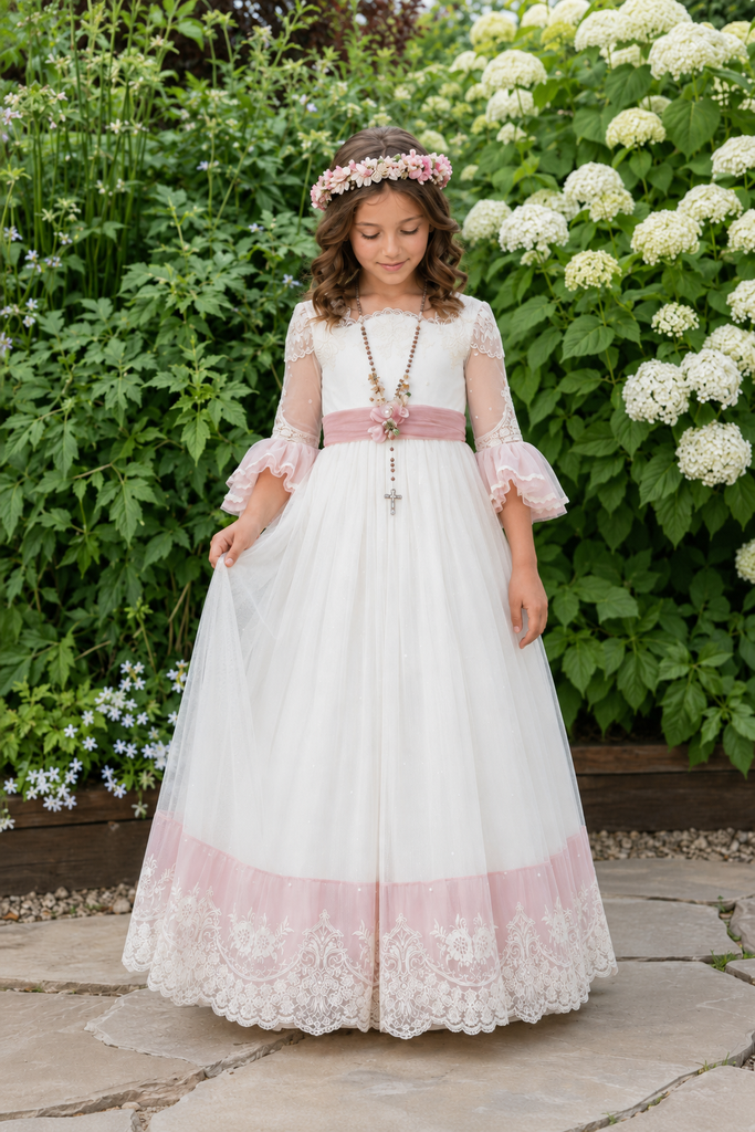 Vintage White and Pink Lace First Communion A-Line Flower Girl Dresses, FG1473