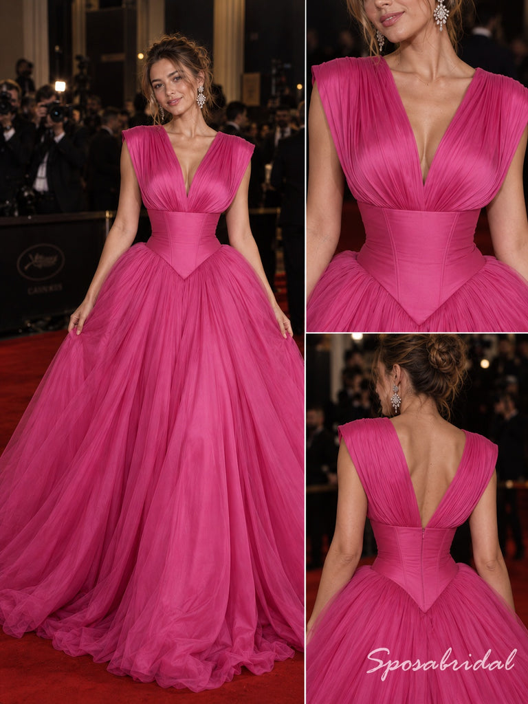Hot Pink Deep V Pleated Tulle A-Line Formal Gown,PD4316