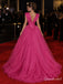 Hot Pink Deep V Pleated Tulle A-Line Formal Gown,PD4316