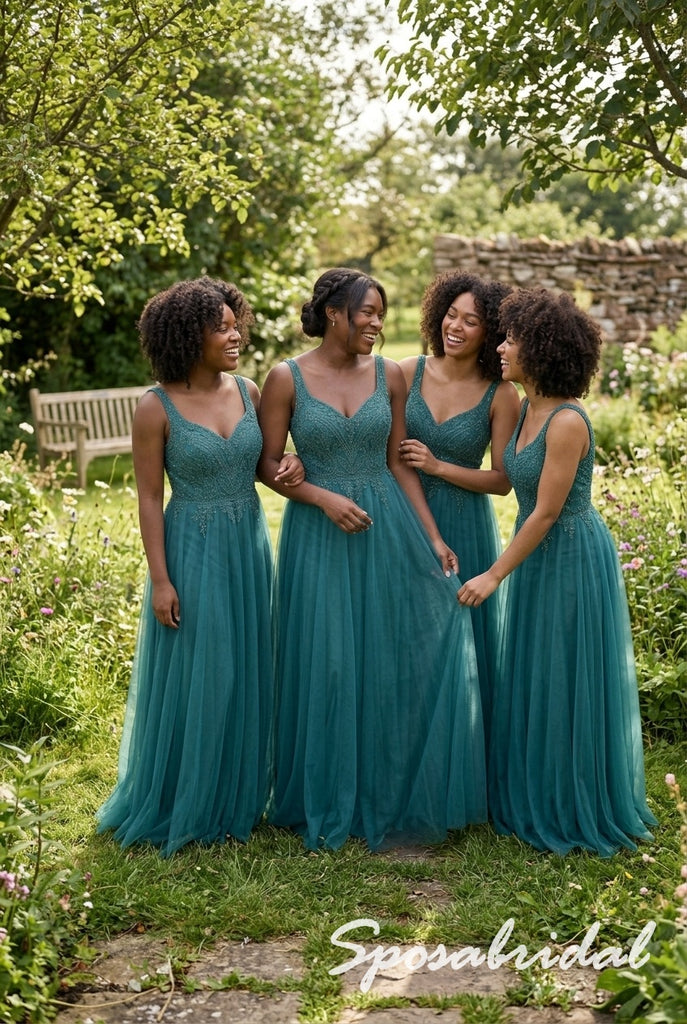 Teal Tulle Beaded V-Neck Sleeveless Floor Length A-Line Bridesmaid Gown, BD3484
