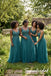 Teal Tulle Beaded V-Neck Sleeveless Floor Length A-Line Bridesmaid Gown, BD3484