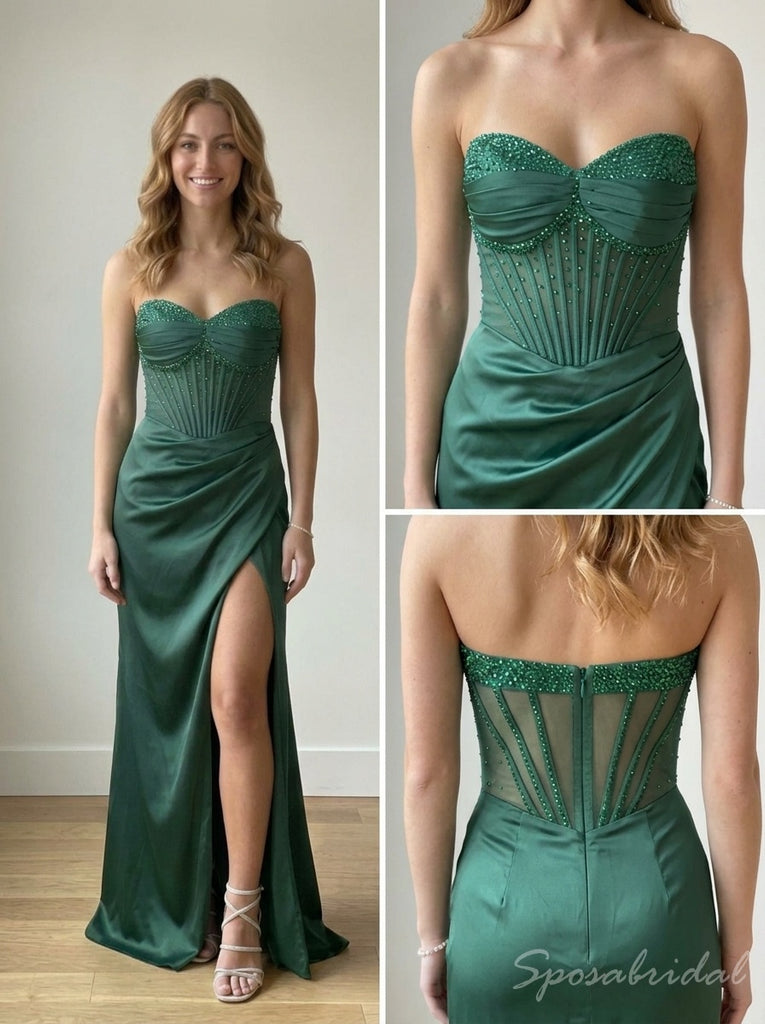 Dark Green Satin Strapless Beaded Corset Mermaid Dress,PD4309