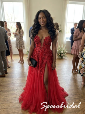 Red Tulle 3D Floral Beaded Deep V High Slit Floor Length A-Line Prom dress, PD4293