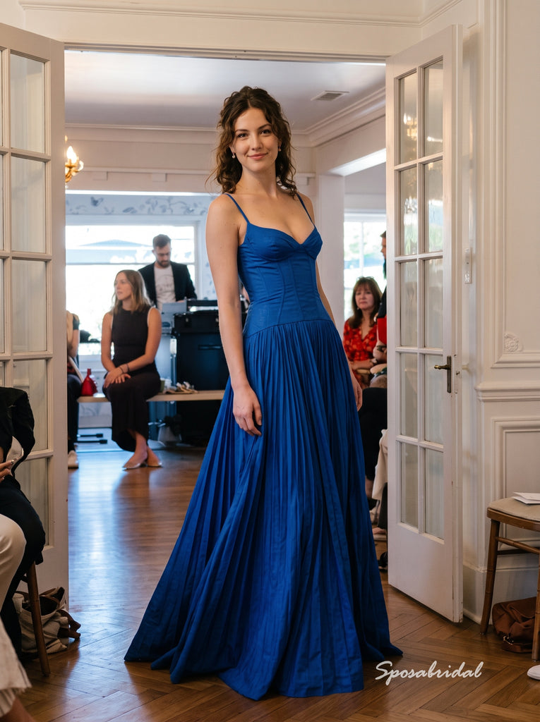 Royal Blue Chiffon Spaghetti Strap Sweetheart Pleated Corset Bodice A Line Floor Length Evening Dress,PD4321