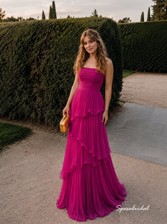 Fuchsia Chiffon Strapless Tube Neck Ruched Bodice Tiered A Line Floor Length Evening Dress,PD4320