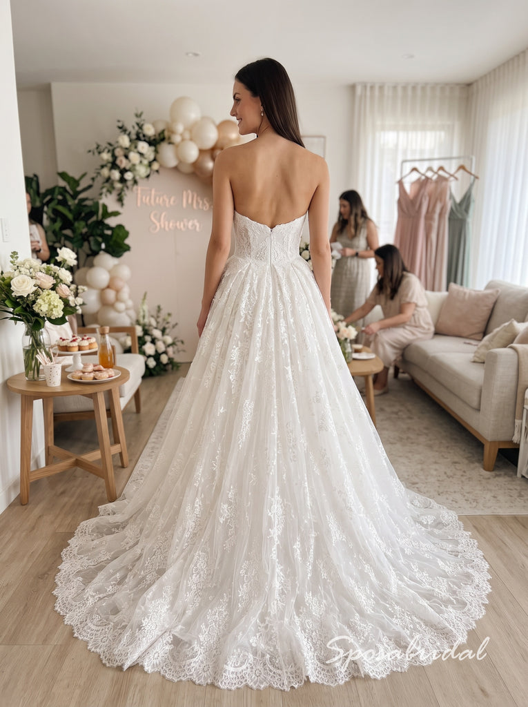 Ivory Lace Strapless Sweetheart A-Line Wedding Dress With Scalloped Lace Train,WD3136