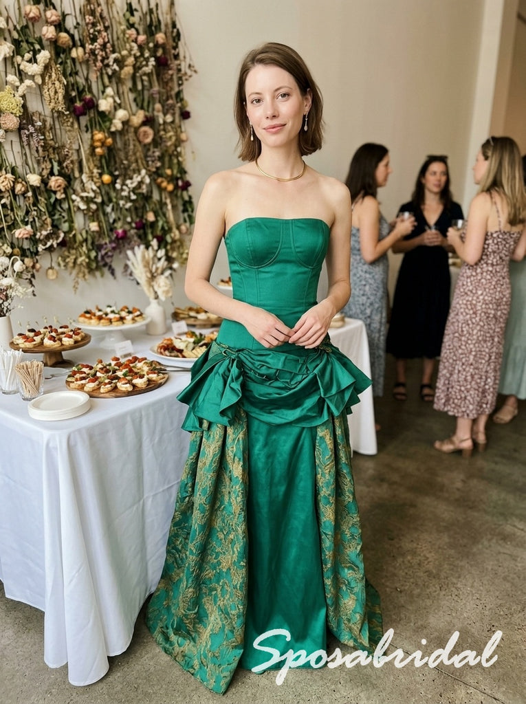 Emerald Green Satin Jacquard Strapless Corset Ruffled Floor Length A-Line Prom dress, PD4294