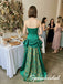 Emerald Green Satin Jacquard Strapless Corset Ruffled Floor Length A-Line Prom dress, PD4294