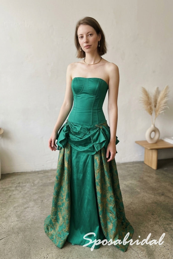 Emerald Green Satin Jacquard Strapless Corset Ruffled Floor Length A-Line Prom dress, PD4294