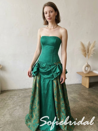 Emerald Green Satin Jacquard Strapless Corset Ruffled Floor Length A-Line Prom dress, PD4294
