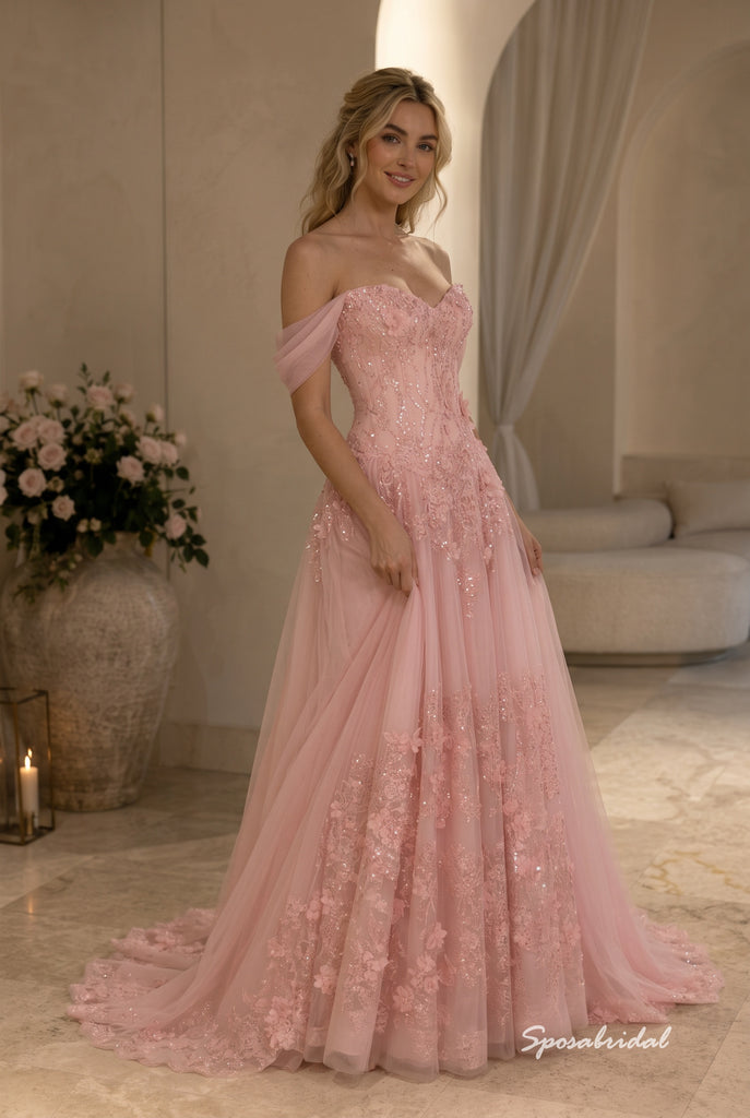 Blush Tulle Off The Shoulder Sweetheart 3D Floral Sequin Corset Bodice A Line Floor Length Evening Dress,PD4322