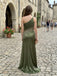 Olive Green Satin One Shoulder Beaded Mesh Mermaid Dress,PD4313