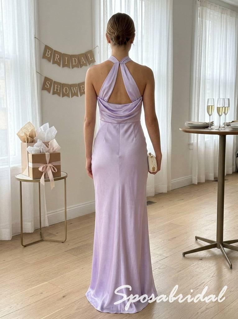 Lavender Satin Draped Halter Keyhole Floor Length Column Evening Gown, PD4296