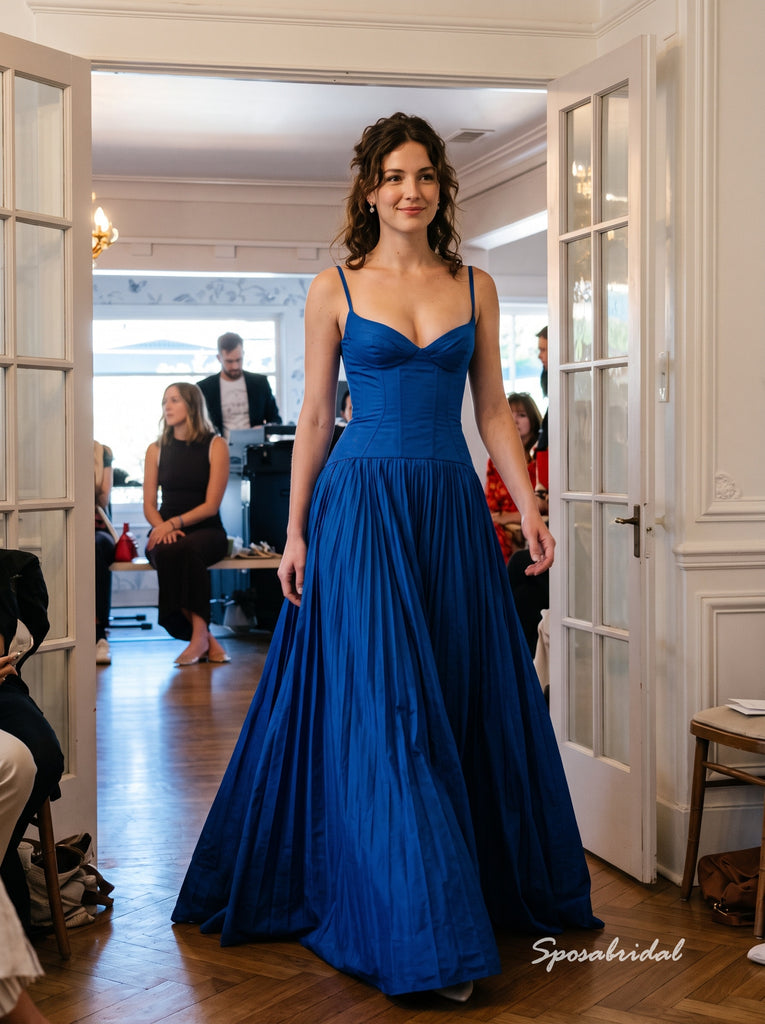 Royal Blue Chiffon Spaghetti Strap Sweetheart Pleated Corset Bodice A Line Floor Length Evening Dress,PD4321