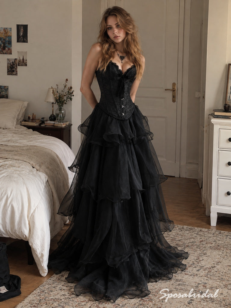 Black Sweetheart Corset Tulle Evening Dress, Strapless Tiered Ruffle Floor Length Gothic Gown,PD4345