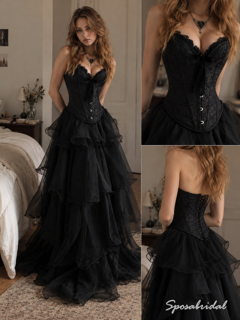 Black Sweetheart Corset Tulle Evening Dress, Strapless Tiered Ruffle Floor Length Gothic Gown,PD4345