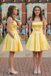 Simple Yellow Satin Strapless Short Homecoming Dress With Pockets, PD3681
