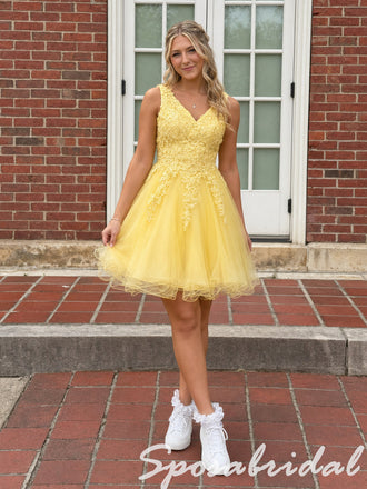 Bright Yellow Lace Tulle V-Neck Sleeveless A Line Short Homecoming Dress, PD3718