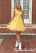 Bright Yellow Lace Tulle V-Neck Sleeveless A Line Short Homecoming Dress, PD3718