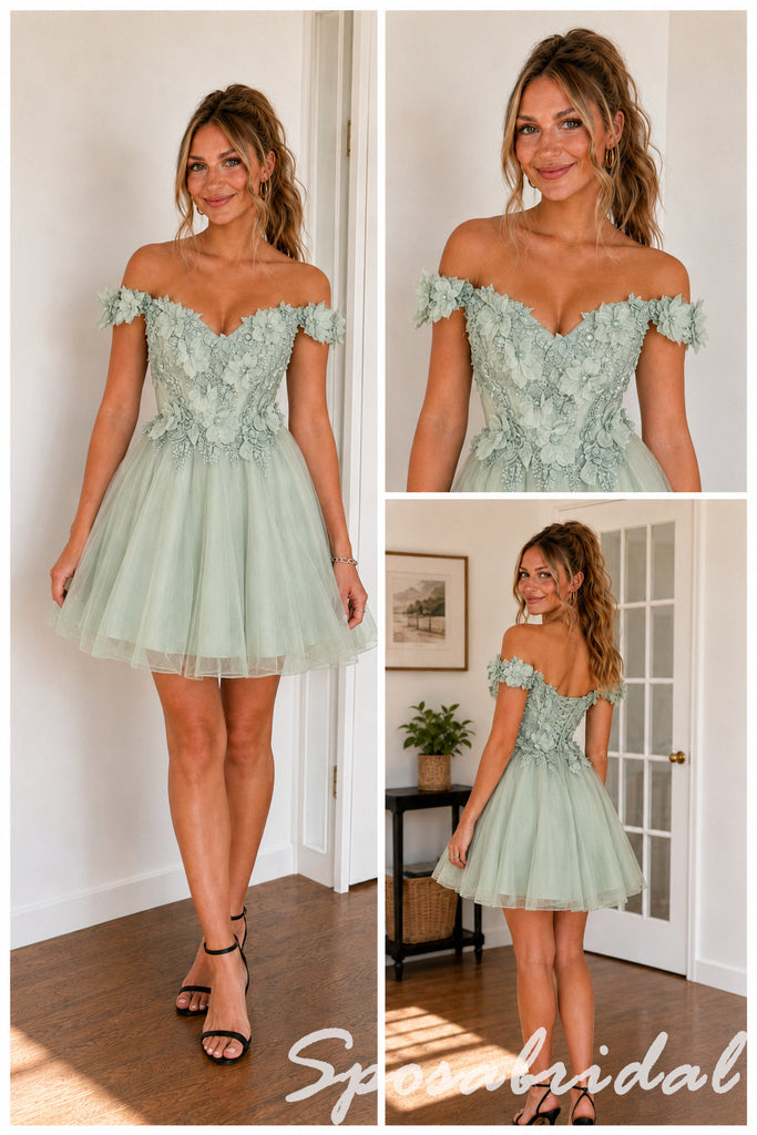 Sage Green 3D Floral Off Shoulder Tulle Short Homecoming Dress, PD3720