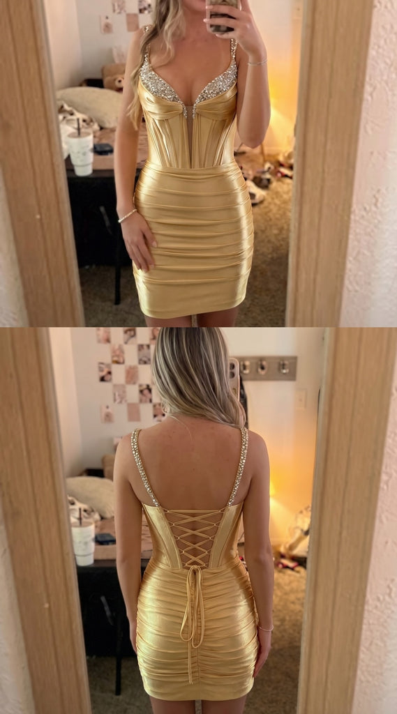 Shiny Soft Satin Spaghetti Straps Corset Sheath Homecoming Dress, PD3686