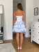 Blue Floral Corset Strapless Ruffle Mini Dress, PD3696