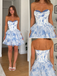Blue Floral Corset Strapless Ruffle Mini Dress, PD3696
