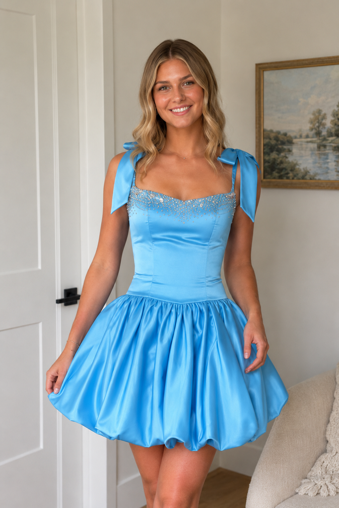 Blue Satin Corset A-Line Mini Dress with Bow Straps, PD3699
