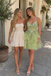 Light Green Floral Lace Tulle Spaghetti Strap Ruffle Mini Homecoming Dress, PD3701