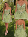 Light Green Floral Lace Tulle Spaghetti Strap Ruffle Mini Homecoming Dress, PD3701
